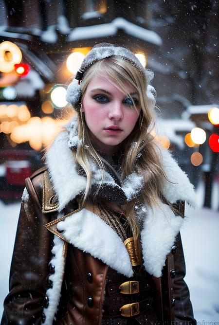 taylor, steampunk, Artistic Portrait 18yo beautiful woman, perfect nose, perfect face, perfect, gorgerous, slim girl , Caucasian, white skin, white eyes,  snowstorm,  snow, wind, blizzard, light theme, steampunk outfit, black eyeliner, cinematic light, Night Photography, Light Beans, dramatic light, intricate details, berfect breasts <lora:steampunkengis_ss13_mech:0.5> <lora:atrizes_v05:1>