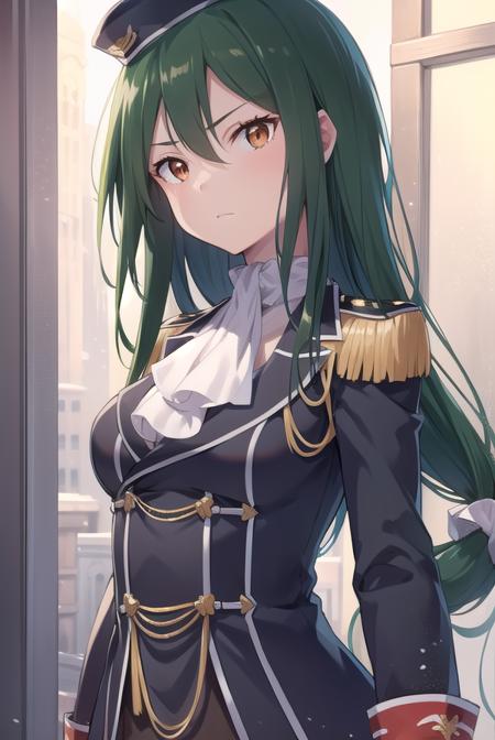 cruschkarsten, <lyco:cruschkarsten-lyco-nochekaiser:1>,
crusch karsten, long hair, hair between eyes, green hair, (brown eyes:1.4),
BREAK gloves, long sleeves, hat, jacket, boots, frills, white gloves, black footwear, uniform, military, ascot, military uniform, armband, epaulettes, white ascot,
BREAK looking at viewer, full body,
BREAK outdoors,
BREAK <lyco:GoodHands-beta2:1>, (masterpiece:1.2), best quality, high resolution, unity 8k wallpaper, (illustration:0.8), (beautiful detailed eyes:1.6), extremely detailed face, perfect lighting, extremely detailed CG, (perfect hands, perfect anatomy),