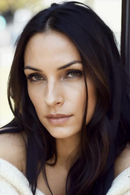 fmk  piercing eyes, looking straight,long hair, wearing an off-shoulder sweater,  closeup portrait, in a outdoor cafe in 2015, afternoon light,  <lyco:FamkeJanssen-RealVision-V1.0:1.0>