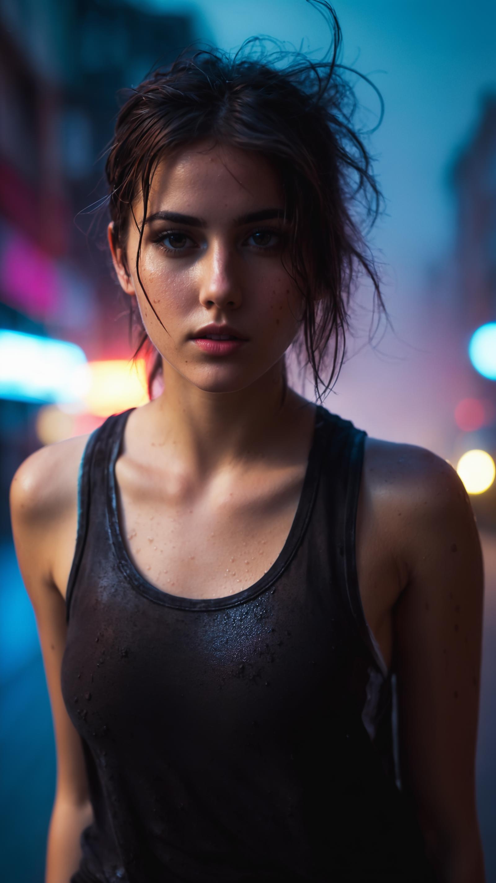 A young woman with wet hair and a tank top, looking towards the camera.