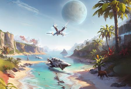 ((highly detailed, extremely detailed CG unity 8k wallpaper, illustration, highres, absurdres)), ((masterpiece)),
<lora:nomansky:1>nomanskyai, outdoors, scenery, science fiction, aircraft, spacecraft, sky, moon, tree, no humans, flower, water, cloud, day, plant, planet, robot, airplane