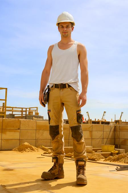 building construction site, PetoMohac, wearing dirty work trousers, (dirty white tank top), work boots, (hard hat),  ((full body portrait)), wide angle <lora:PetoMohac-000008:0.8>    <lora:workTrousers:0.75>