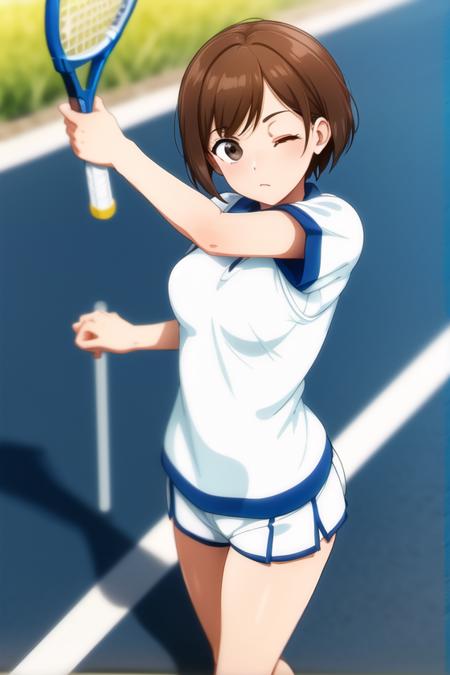 <lora:Neocoill:.6>, neocoill,  masterpiece, best quality, 1girl, racket, solo, tennis uniform, sportswear, brown hair, blurry background, short hair, one eye closed, shoes, brown eyes, white footwear, shirt, shorts, blurry, short sleeves, standing, wristband, white shorts, sneakers, blue shirt, closed mouth, bangs, breasts