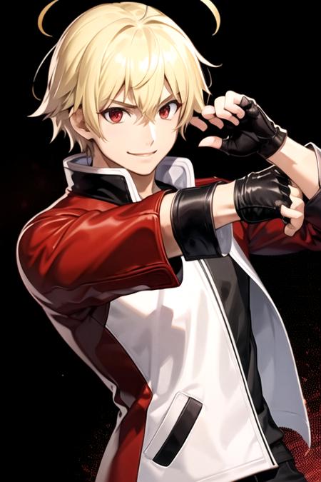 rockhw, 1boy, solo, male focus, blonde hair, red eyes, red jacket, black shirt, black pants