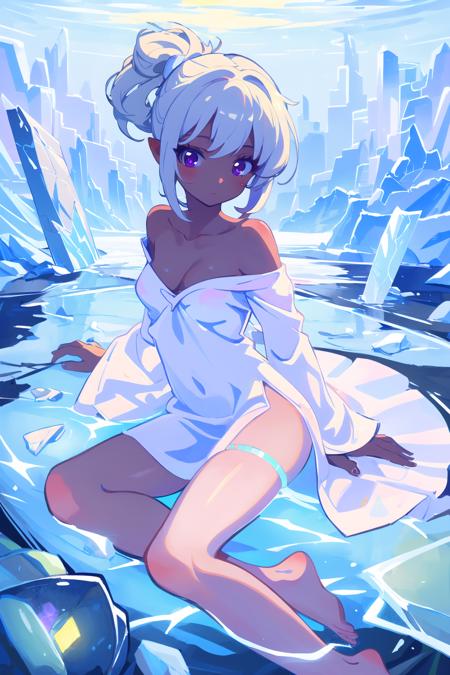 beautiful detailed glow,detailed ice,beautiful detailed water,((masterpiece)),(((best quality))),((ultra-detailed)),((illustration)),solo,girl,Dark skin,black eyes,white hair,disheveled hair,Loose hair,White glossy loose long hair,White off shoulder dress,barefoot,
<lora:Muse_DashV4-000390:1>,