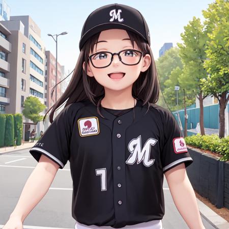 best quality, ultra-detailed, illustration,
chibalotteV, baseball cap, baseball uniform, black shirt,
1girl, solo, glasses, black hair, long hair, standing,  outdoors, street, city, cityscape, happy, laughing, smile, upper body, looking at viewer, 
<lora:Chiba_LOTTE_MARINES_Visitor_uniform_SD15_V1:0.8>