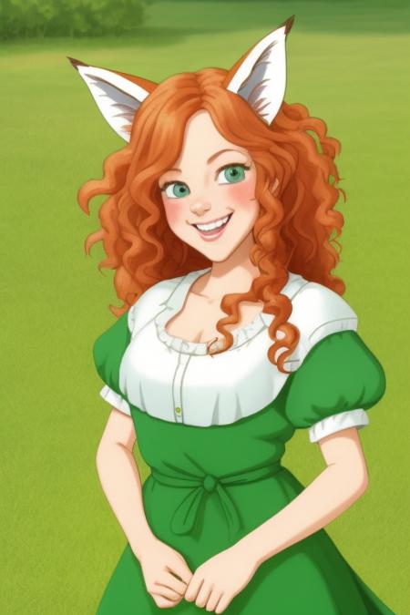 masterpiece, best quality, masterpiece, adult, girl, realistic fox ears , ((long)) red curly hair, bright green eyes, realistic, barefoot, flat chest, happy smile, bright green dress, full height portrait, masterpiece, artstation, high resolution, detailed