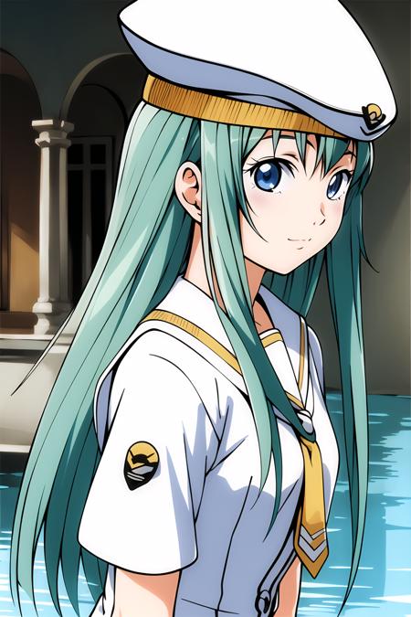 masterpiece, best quality, highly detailed, 1girl, alice carroll, long green hair, aria company uniform, beret, cute, water