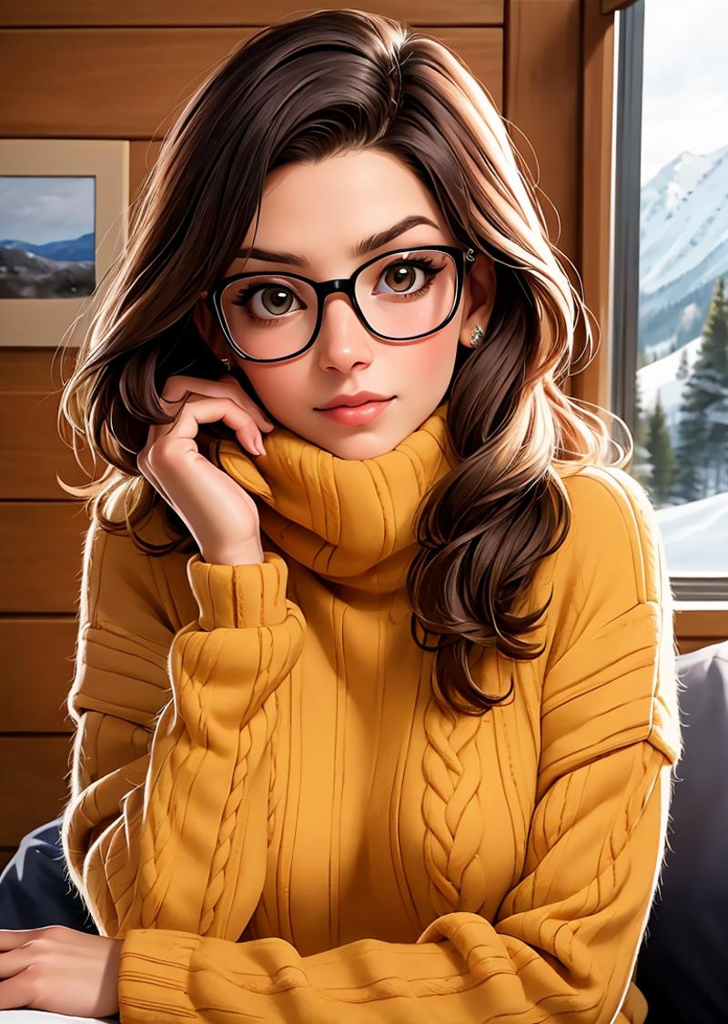 A woman wearing a yellow sweater and glasses posing in front of a window.