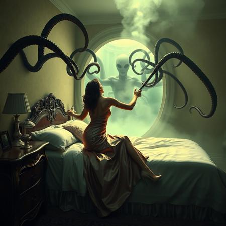 Beautiful lady pulled by alien tentacles,  from her bedroom  bed toward portal in the wall, opened  to alien spacesip chamber  by alien tentacles, struggling  to break free. Fog streaming from the portal. Rich satin nightgown, elegant high heels, weird foil pillows,