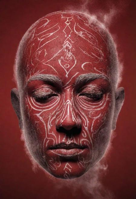 white dust in the air creating a almost hollow silhouette shaped like a human head, (tribal tattoo: 1.3), a red background,  highest resolution, 8k, best quality