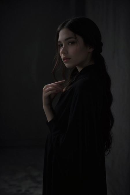 photorealistic, masterpiece, pitch black background, pitch black room, pitch black scenario, greyscale, pale skin, black gown, very beautiful woman, very long hair as a braid, close diagonal view from the side, you see only her shematics