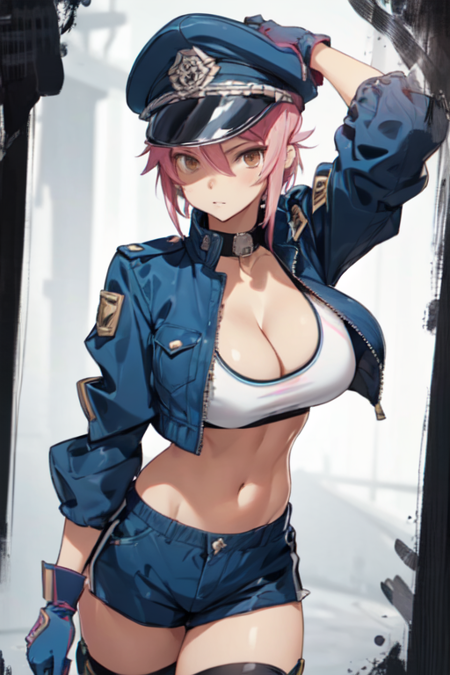 MisaHound, 1girl, solo, short hair, pink hair, large breasts, thighhighs, blue gloves, navel, cleavage, brown eyes, cropped jacket, shorts, midriff, crop top, short shorts, blue shorts, peaked cap, 
