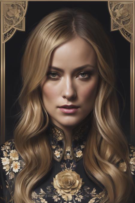 portrait photo of owd ,(wearing a black floral outfit), (dirty blonde hair), alluring portrait, intricate, highly detailed, digital painting, artstation, concept art, naughty, sharp focus, cinematic lighting, illustration, art by artgerm and greg rutkowski, alphonse mucha, cgsociety,<lyco:OliviaWilde-RealVision-V1.0:1.0>