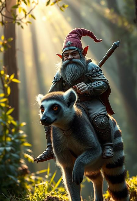 (masterpiece hyperrealisitic, medium format photography, muted colors, soft focus,  accurate proportions,  high quality, detailing, textures)  A grumpy, seasoned armored gnome ranger riding a Ring-Tailed Lemur  verdant lush forest, sunbeams