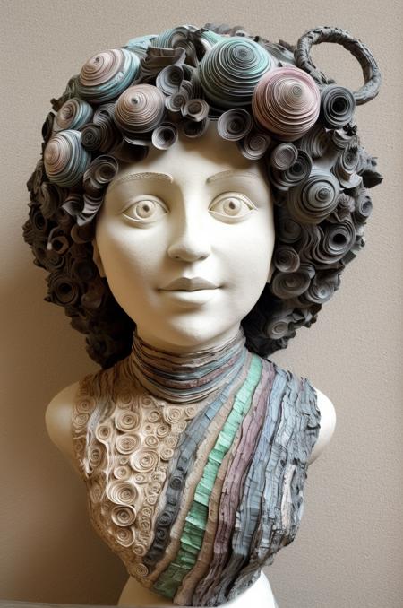 paper mache representation of curly girl, in mountain, amazing details, full of life, 3D, sculptural, textured, handmade, vibrant, fun