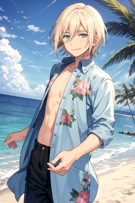 <lora:Eichi-08:0.7> ,eichi, solo, looking at viewer, smile, short hair, blue eyes, blonde hair, shirt, 1boy, hair between eyes, male focus, outdoors, open clothes, sky, water, tree, open shirt, ocean, beach, floral print, sunlight, sunset, palm tree, hawaiian shirt