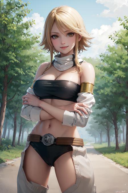 (masterpiece, best quality:1.2), <lora:agk_leone-10:0.8>, cowboy shot, solo, 1girl, leone, smile, looking at viewer, crossed arms, blonde hair, strapless, detached sleeves, belt, scarf, midriff, large breasts, forest