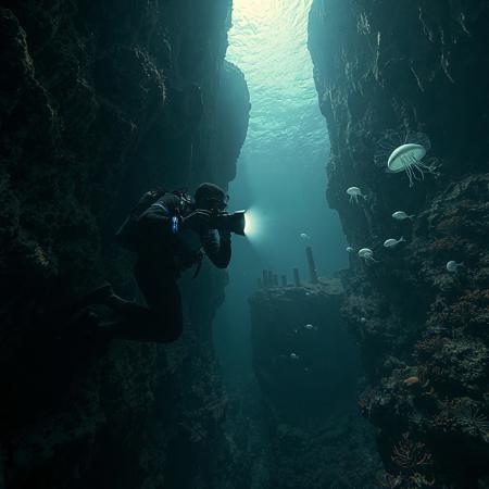 *"A breathtaking deep-sea abyss scene, with two massive rocky walls covered in bioluminescent coral and strange underwater flora. The camera angle is positioned above the diver, looking down as he explores the dark depths. The diver, wearing a high-tech deep-sea suit with glowing blue accents, holds a rugged underwater camera in one hand, filming the mysterious abyss. In his other hand, he grips a powerful flashlight, its bright beam cutting through the inky darkness, revealing eerie shadows and ancient ruins scattered along the ocean floor. Schools of alien-like fish dart away from the light, while strange, translucent jellyfish float in the distance. The water is thick with particles, creating a dreamy, cinematic atmosphere. The scene is dark, moody, and mysterious, with dramatic lighting from the diver’s flashlight casting long, haunting shadows. Ultra-detailed, photorealistic, 8K, cinematic underwater shot."*