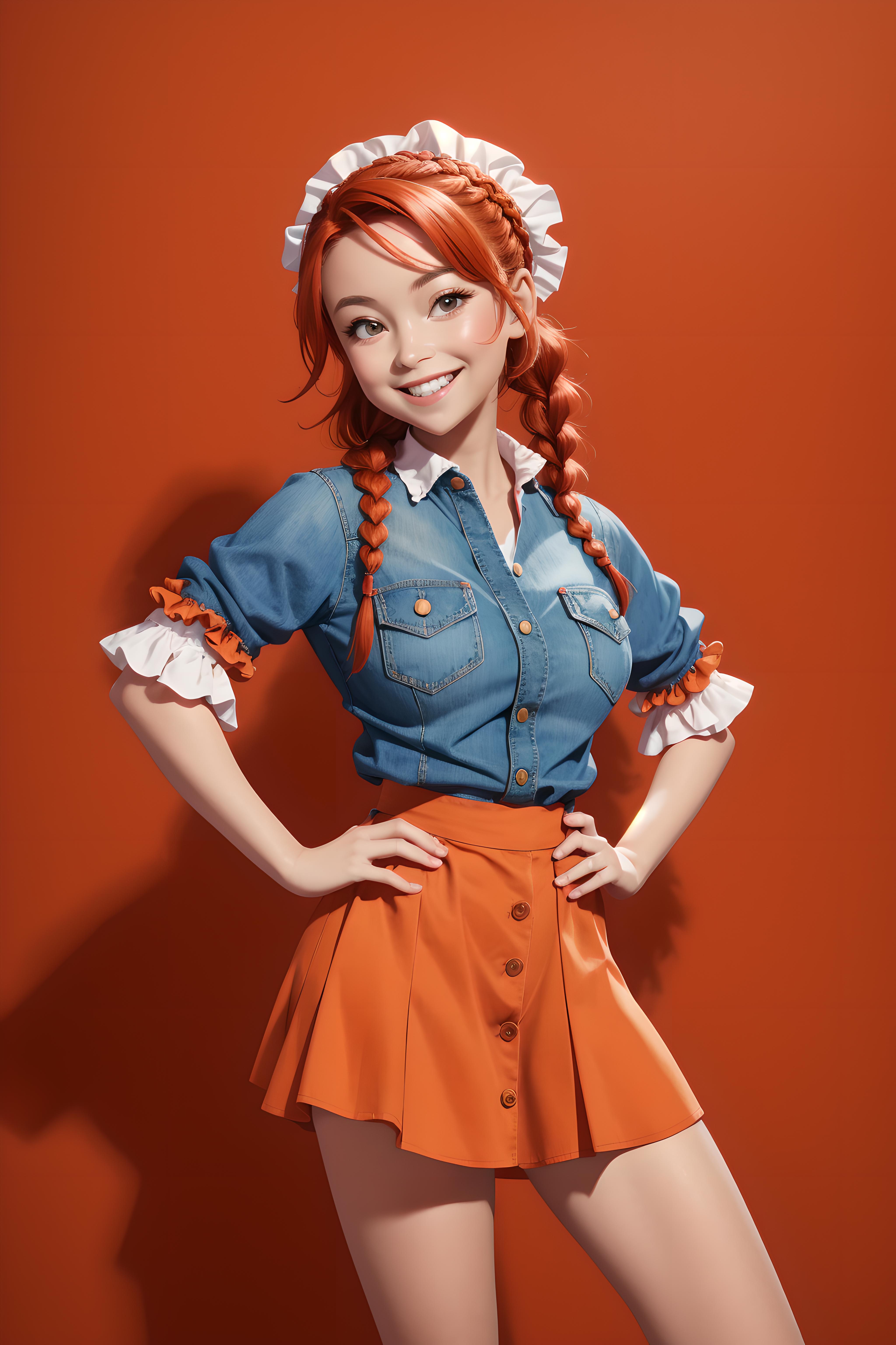 Cartoon Anime Character Wearing A Blue Shirt, Skirt, And Bow Ribbons.