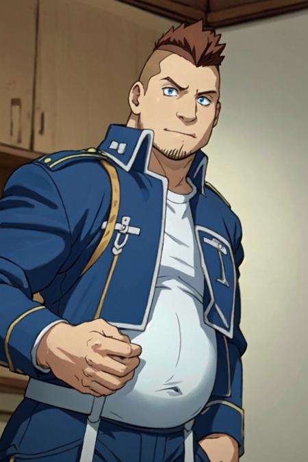 (1 image only),  solo male,  1boy,  Heymans Breda,  Fullmetal Alchemist,  anime,  2D,  blue eyes,  brown hair,  short hair,  high fade,  stubble,  handsome,  (chubby),  open pure blue military uniform,  confidence,  charming,  alluring,  upper body in frame,  perfect anatomy,  perfect proportions,  8k,  HQ,  (best quality:1.2,  hyperrealistic:1.2,  photorealistic:1.2,  masterpiece:1.3,  madly detailed photo:1.2),  (hyper-realistic lifelike texture:1.2,  realistic eyes:1.2),  high_resolution,  perfect eye pupil,  dutch angle, best quality,  short sleeves,<lora:EMS-286469-EMS:0.800000>