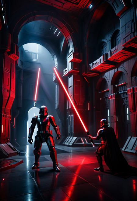 score_9, score_8_up, score_7_up, score_6_up, score_5_up, score_4_up, (absurdres, best quality, masterpiece:1.4), illustration, photorealistic, cinematic lighting, dynamic angle, perfect composition, red and black markings, advanced armor, robotic enhancements, double lightsaber, dark tech, dimly lit fortress, shadows, powerful aura, high-tech environment