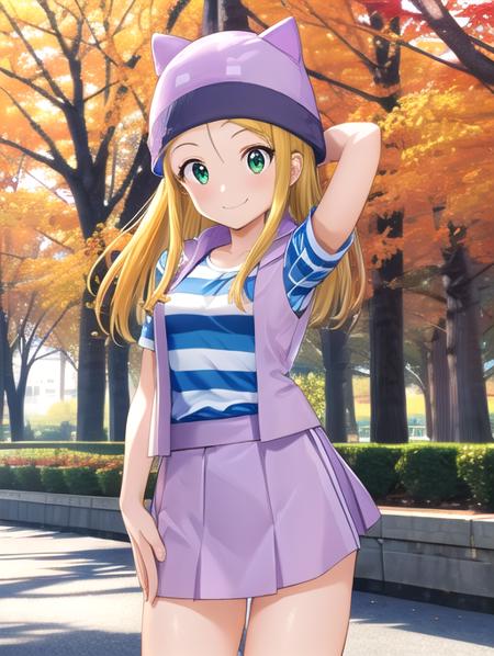 best quality, masterpiece, highres, detailed, perfect anatomy,  <lora:Detail - add_detail:0.2>, orimotoizumi, purple vest, striped shirt, beanie, cat hat,  park,  smile, <lora:Izumi-10:1>, green eyes, standing, close-up, pov, surprised, small breasts, skirt,