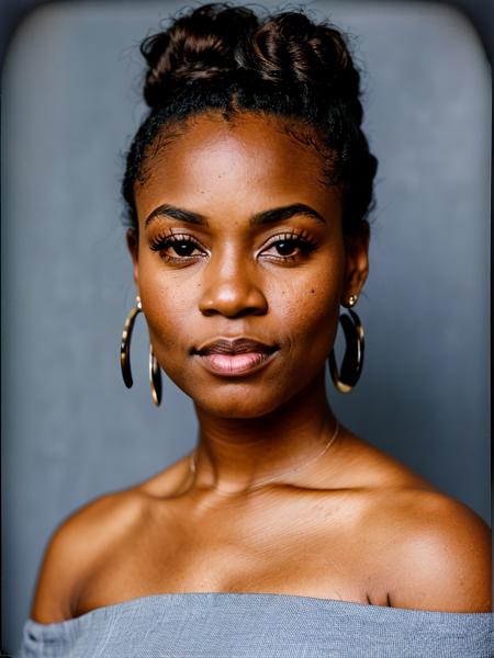 (polaroid), head shot, victorian salon, perfect eyes, film grain, full frame, ((detailed skin!)), highly detailed face, Close 1/3 portrait, cute, (30yo beautiful black woman), thicc, elegant, large hanging breasts, blue linen strapless low cut dress, brunette bun, shallow depth of field, extremely detailed, backlit, high quality, Fujifilm XT3, moody light, atmospheric lighting 8k uhd, dslr, photo taken at dusk during golden hour