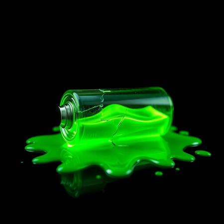 closeup shot of battery fully made of glass with green liquid energy inside it, the battery is cracked and green neon liquid leak on to black background, splat of neon goo under broken battery.
hyper realistic, surreal style, ultra high quality, vivid, neon glow