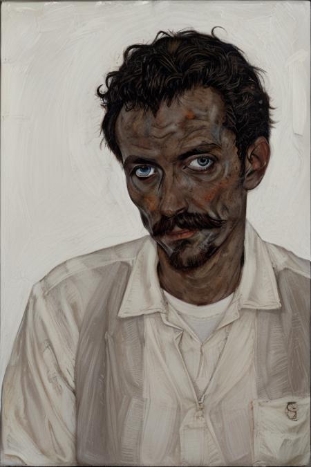 egonschiele, 1boy, solo, male focus, hair, dark-skinned male, traditional media, dark skin, shirt, looking at viewer, white shirt,eyes, upper body, facial hair, closed mouth, painting \(medium\)