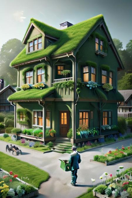 photorealistic image, simple country house, flowers in the window, forest behind the house, vegetable garden, grassify morph  in front of the house, an old man reading on the terrace of the house, sunshine. 8k artistic photography, photorealistic concept art, soft natural volumetric cinematic perfect light