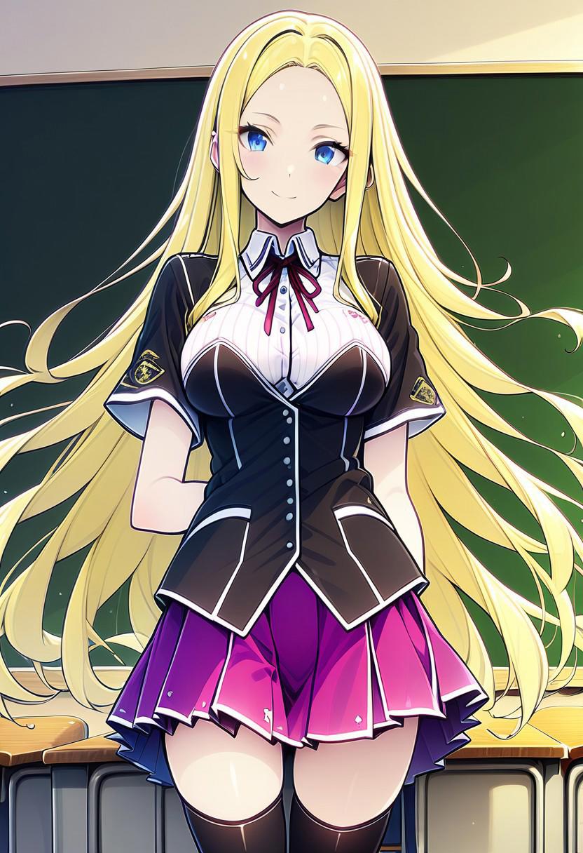 score_9, score_8_up, score_7_up, 
j34nn3d4rc,
1girl, solo, long hair, breasts, looking at viewer, blush, smile, bangs, blue eyes, skirt, blonde hair, shirt, thighhighs, ribbon, medium breasts, very long hair, closed mouth, school uniform, standing, white shirt, short sleeves, cowboy shot, pleated skirt, striped, shiny, collared shirt, black thighhighs, indoors, miniskirt, shiny hair, red ribbon, zettai ryouiki, parted bangs, black shirt, dress shirt, neck ribbon, floating hair, red skirt, arms behind back, wing collar, straight hair, forehead, desk, purple skirt, classroom, school desk, chalkboard