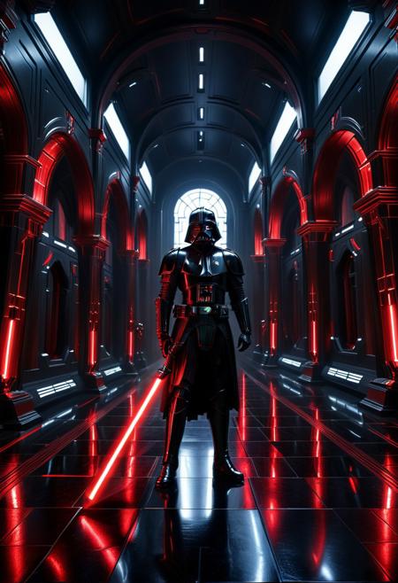 score_9, score_8_up, score_7_up, score_6_up, score_5_up, score_4_up, (absurdres, best quality, masterpiece:1.4), illustration, photorealistic, cinematic lighting, dynamic angle, perfect composition, black armor, long hallway, dramatic lighting, imperial architecture, metallic floors, red lightsaber glow, ominous presence, galactic empire, dark