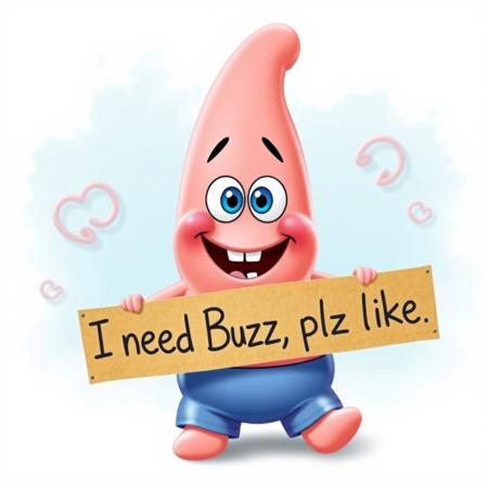 Cute silly baby Patrick from sponge bob square pants with a cardboard banner that reads: "I need Buzz, plz like"