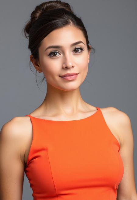close up shot, front view of a woman wearing an orange fit dress, bare shoulders, bare neckline,  bun hairstyle, grey background