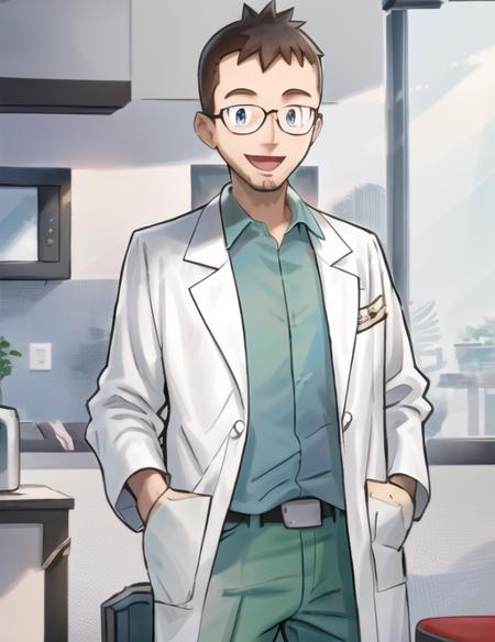 <lora:ProfessorElm-08:0.7> ProfessorElm, solo, looking at viewer, smile, open mouth, blue eyes, shirt, 1boy, :d, male focus, open clothes, glasses, tongue, collared shirt, pants, indoors, facial hair, leaf, blue shirt, hand in pocket, labcoat, green pants