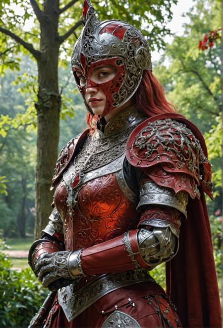 the red knight, female, clad in silver and red plate armor and ready to do battle with evil, three ruby stones on her chestplate, intricate filigree on the helm, in the royal gardens, classic fantasy art, cover art