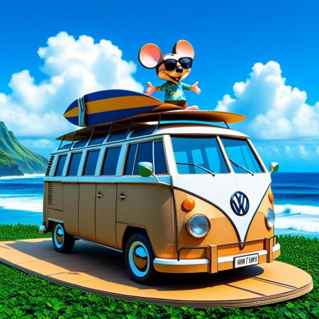 <lora:CardboardRay:1>CardboardRay, <lora:aidmaImageUpgraderSDXL-v0.3:0.8> aidmaImageUpgrader
aidmaImageUpgrader
3D animation,
masterpiece, best quality, amazing quality,
cartoon mouse standing next to bus, , VW bus made of cardboard with surfboard on the roof , smiling, sunglasses, aloha shirt, blue and white waves, clouds, blue sky