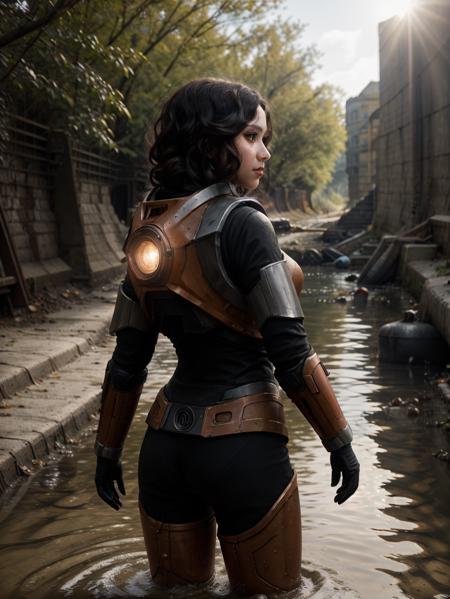 front view, a woman wearing hevsuit mk5 standing in a sewer, cute face, realistic skin, afternoon, sun shining from behind, dramatic lighting, realistic armor textures, armor shine, ultra realistic, wallpaper, intricate, sharp focus, ray tracing, rtx, professionally color graded, professional photography, masterpiece, ultra detailed, high quality, best quality, 4k, 8k, raw <lora:hevsuit:0.6> <lora:add_detail:0.25>