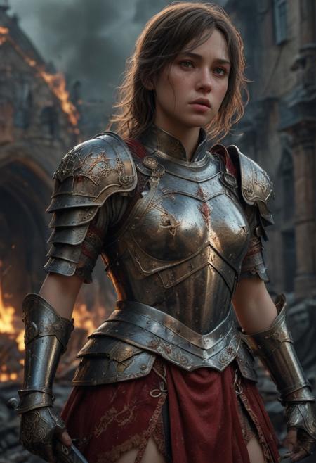 High resolution ultra-realistic of Beautiful Warrior Joan of Arc, 8k, capturing the intensity of the moment, cinematic lighting, standing on a bloody and stormy battlefield in bloody battle, wavy black hair, realistic dirty pale face, realistic brown eyes,  beautiful hourglass figure, burning in a medieval Town, intricately designed iron and silver armor, red mini skirt, Dark Ages Aesthetic, perfect athletic figure, beautiful Warrior Joan of Arc, fire, ultra realistic, cinematic style, vigorous and seductive, athletic figure, dark fantasy, dramatic lighting, wet and sweaty skin, dirty skin, athletic figure, dark fantasy, dramatic lighting, Greg Rutkowski style,, Warrior Joan of Arc on in iron armor, hyper-detailed, hyper-realistic, bright colours, Attractive 21 old years girl, Attractive, beautiful firm Breasts, sharp focus, digital painting, Photograph Taken on Nikon D750, Alphonse Mucha, 8K, athletic figure, Hyperdetailed, hyperrealism, Attractive, Attractive bust girl, asymmetric balance