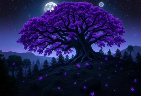 A giant oak tree, with purple-indigo leaves, on the side of a hill in a mystical forest, during night, with violet-tinted leaves of light floating around the tree. Surrounded by a forest of smaller trees. Colourful, saturated colours, dark, fantastical, bioluminescence. Moonlit night with stars and constellations