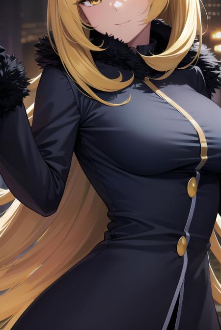 pokemoncynthia, <lora:pokemoncynthia-lora-nochekaiser:1>,
pokemoncynthia, blonde hair, hair ornament, hair over one eye, long hair, (yellow eyes:1.5), <lora:sensualface_type1:1>, smile,
BREAK black coat, black pants, black shirt, coat, fur collar, fur trim, fur-trimmed sleeves, pants, shirt,
BREAK looking at viewer, upper body, full body, (cowboy shot:1.5),
BREAK outdoors, nature, sky,
BREAK <lyco:GoodHands-beta2:1>, (masterpiece:1.2), best quality, high resolution, unity 8k wallpaper, (illustration:0.8), (beautiful detailed eyes:1.6), extremely detailed face, perfect lighting, extremely detailed CG, (perfect hands, perfect anatomy),