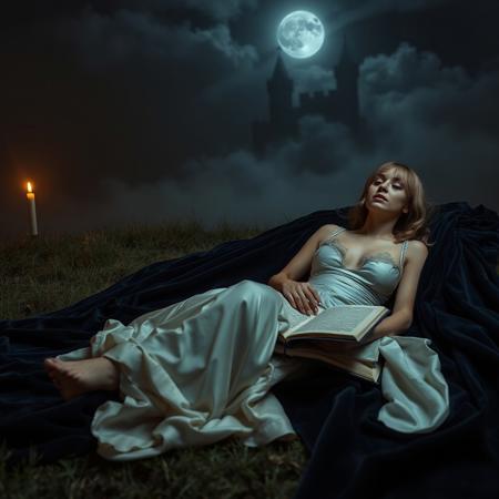 Cinematic fantasy photography, princess reclining on velvet cloak, gown unbound to reveal silk chemise beneath, bare feet arched delicately, holding open journal with intimate writings, dramatic chiaroscuro lighting, setting: moonlit clearing before storm, castle towers visible through mist, mood: anticipatory vulnerability, lighting: single candle with moonlight rim glow, color theme: sapphire and silver, camera: Arri Alexa 65, in the style of Annie Leibovitz fairy tales