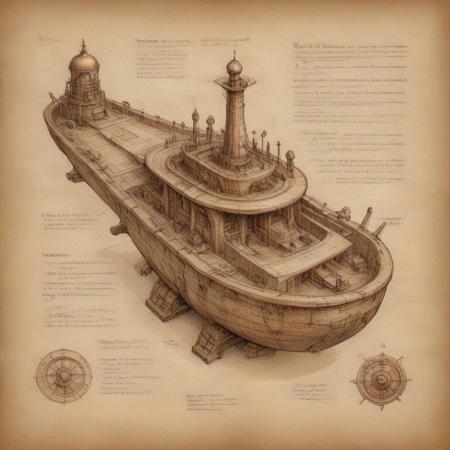 on parchment, inspired by "codex Dresden", sketch of a Mesoamerican steampunk vessel, drawn by "Leonardo Da Vinci", drawings inspired by "codex Leicester" and Leonardo's drawings in his diaries, reference Royal Library and the Vatican Archive
