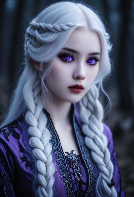 Gothic style Tilt-shift photo of  <lora:Abstract Concept-Chaos:0.25>, . , .Selective focus, highly detailed, vibrant, perspective control,, <lora:Waifu Style-Du Qiong-000008:0.25>,Du Qiong,, 1girl,long silver-white hair pale as moonlight,Targaryen lineage,hair is worn in intricate braids,large violet eyes noted for their intensity and otherworldly quality,pale smooth skin with a creamy complexion with an almost luminous quality,striking beauty,slim and petite build, . Dark, mysterious, haunting, dramatic, ornate, detailed