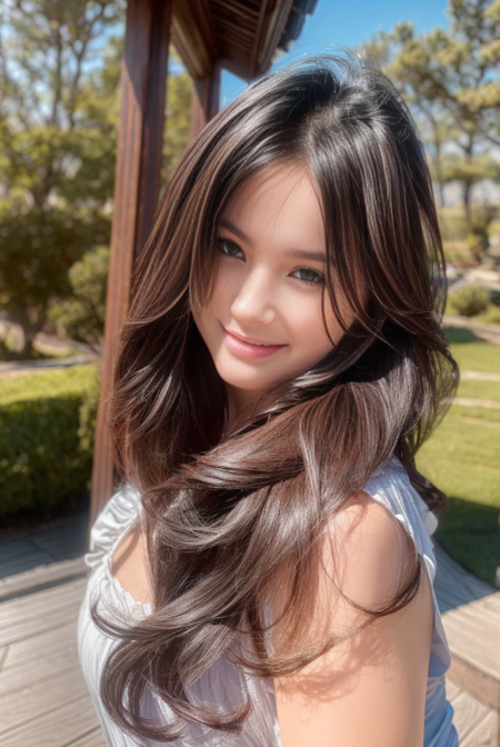 , (8k, RAW photo, best quality, masterpiece:1.2), (realistic, photo-realistic:1.37), ultra-detailed,(detailed beautiful girl:1.4), 
smile, face,slender body, ancient chinese style garden,
, medium breasts, , wavy hair,  detailed skin texture, detailed cloth texture, beautiful detailed face,
<lora:add_detail:1> <lora:JocelineS:1>