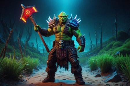 an orc blacksmith made out of RGB Keyboards, with green skin, muscular build, wearing a leather apron, holding a hammer, solo, from the Shadowskull Clan, with dark cloaks shimmering with RGB lights and skull trophies, a digital swamp with neon muddy water, RGB reeds, mossy trees with RGB lights, detailed background, scouting a path, examining tracks, glowing with RGB lights, fierce, eyes narrowed, glowing with RGB lights, wide shot, a neon battle against humans, orcs clashing with soldiers, arrows with RGB lights flying, a glowing RGB dagger with RGB lights, nearby, on a digital sandy dune, shifting sand with RGB lights, a digital aurora with RGB lights in waves, cosmic glow, early evening, soft orange glow, first stars appearing, cooling air, best quality, vibrant colors, realistic style, high detail, high-definition, hyper-realistic, extremely high-resolution details, fine texture, incredibly lifelike, realistic, not cartoon, not drawing, highres, 4K resolution, source photo, realistic photo, masterpiece, best quality, amazing quality, very aesthetic, ultra-detailed, detailed textures, natural lighting, soft light, neon RGB colors, vibrant reds, blues, greens, RGB pulse, rhythmic and dynamic, overhead shot, <lora:RGB_Keyboard_themed-000008:1>