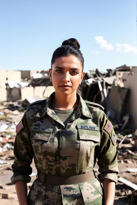 <lora:Deepika_Padukone_V3:0.9> portrait of a woman wearing a military clothes, in battleground destroyed city,