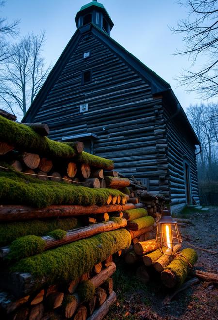 Old moss-covered village firewood, cold light, church building