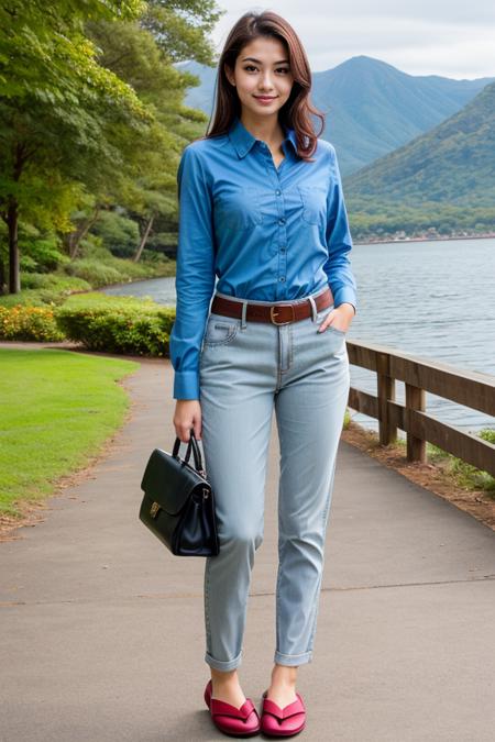 1 woman, detailed, realistic, standing, full body shot, scenic view, noon
<lora:Shirt Pants by Stable Yogi:0.5>blue shirt, long sleeves, pants belt, bag, slippers